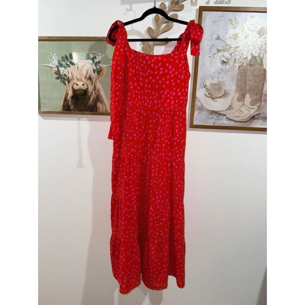 Red w/ pink dots long dress, size L